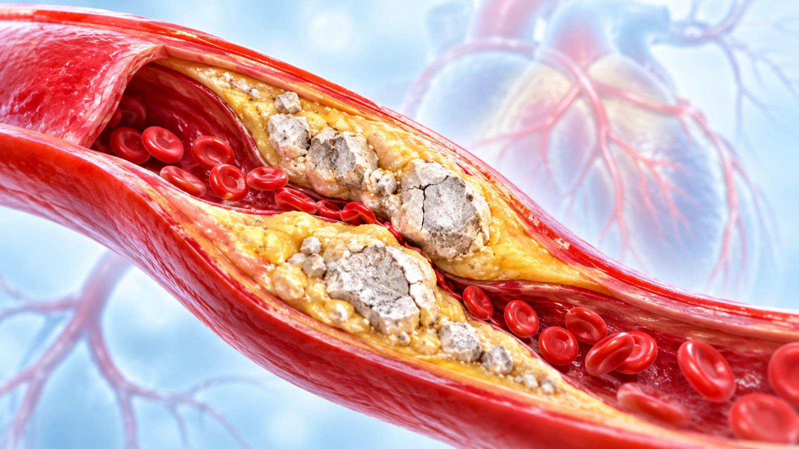 Illustration of a heavily calcified coronary artery in an elderly patient narrowing blood flow
