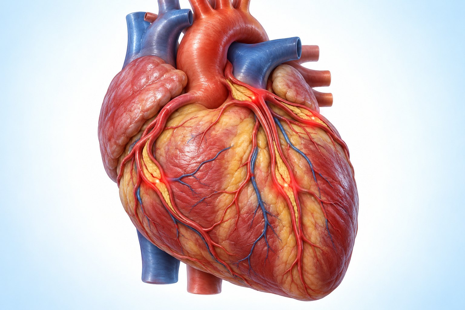 Illustration of the heart showing the coronary arteries involved in triple vessel disease