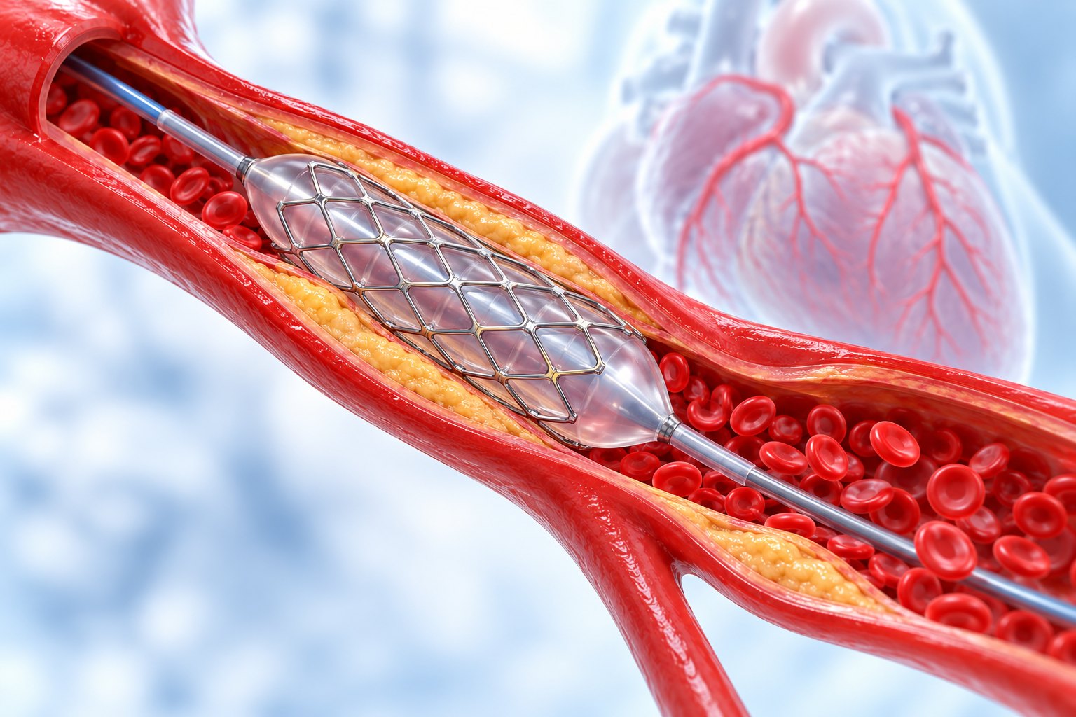 Illustration of a drug-eluting stent being expanded inside a narrowed coronary artery during complex angioplasty