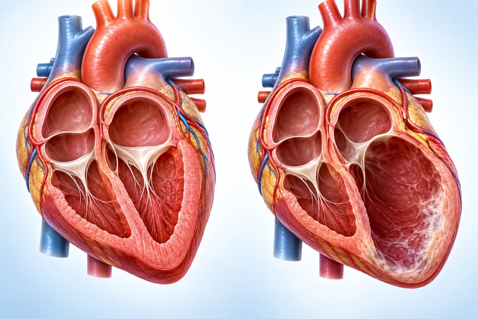 Medical illustration comparing a healthy heart with a weakened enlarged heart with low ejection fraction caused by blocked coronary arteries
