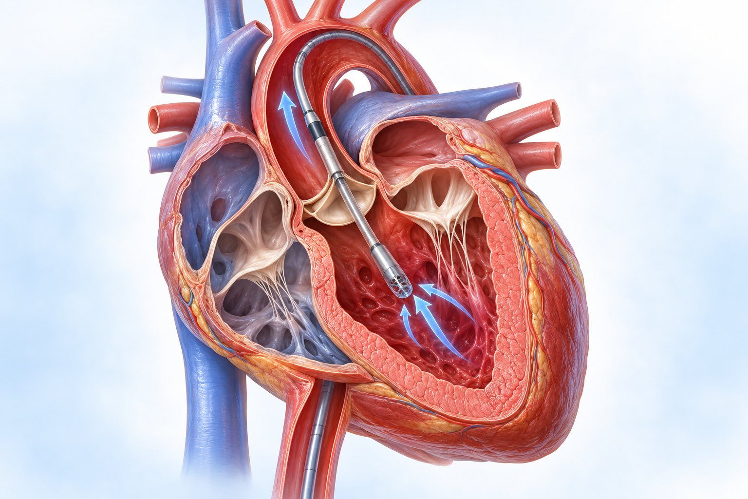 Illustration of a micro-axial heart pump supporting a weak heart during protected PCI high-risk angioplasty