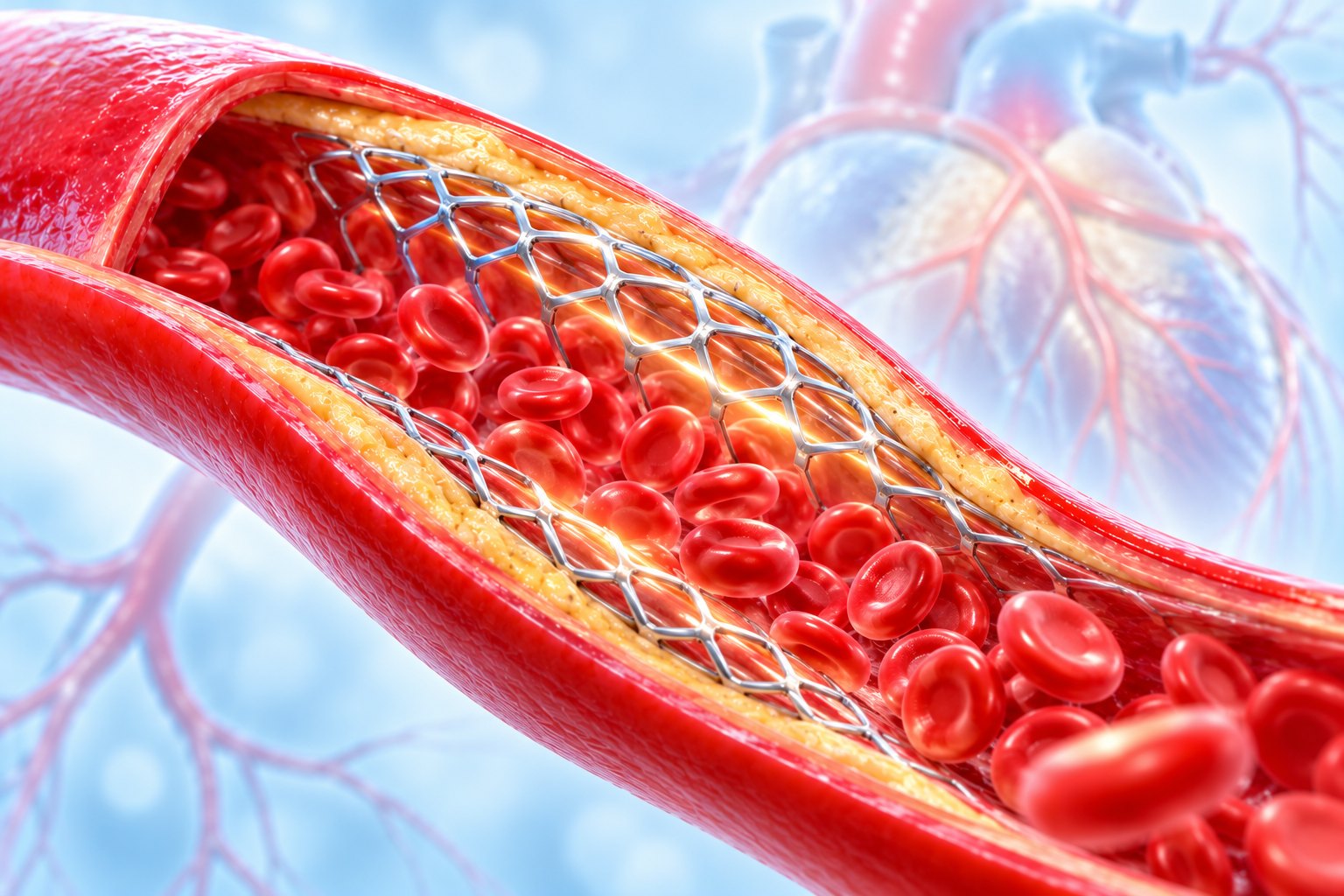 Illustration of a coronary artery with restored blood flow after stent placement in an elderly patient